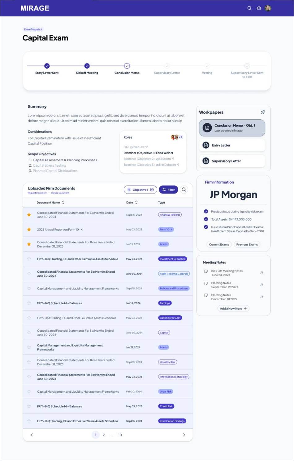 Exam snapshot — milestone progress, scope objectives, documents