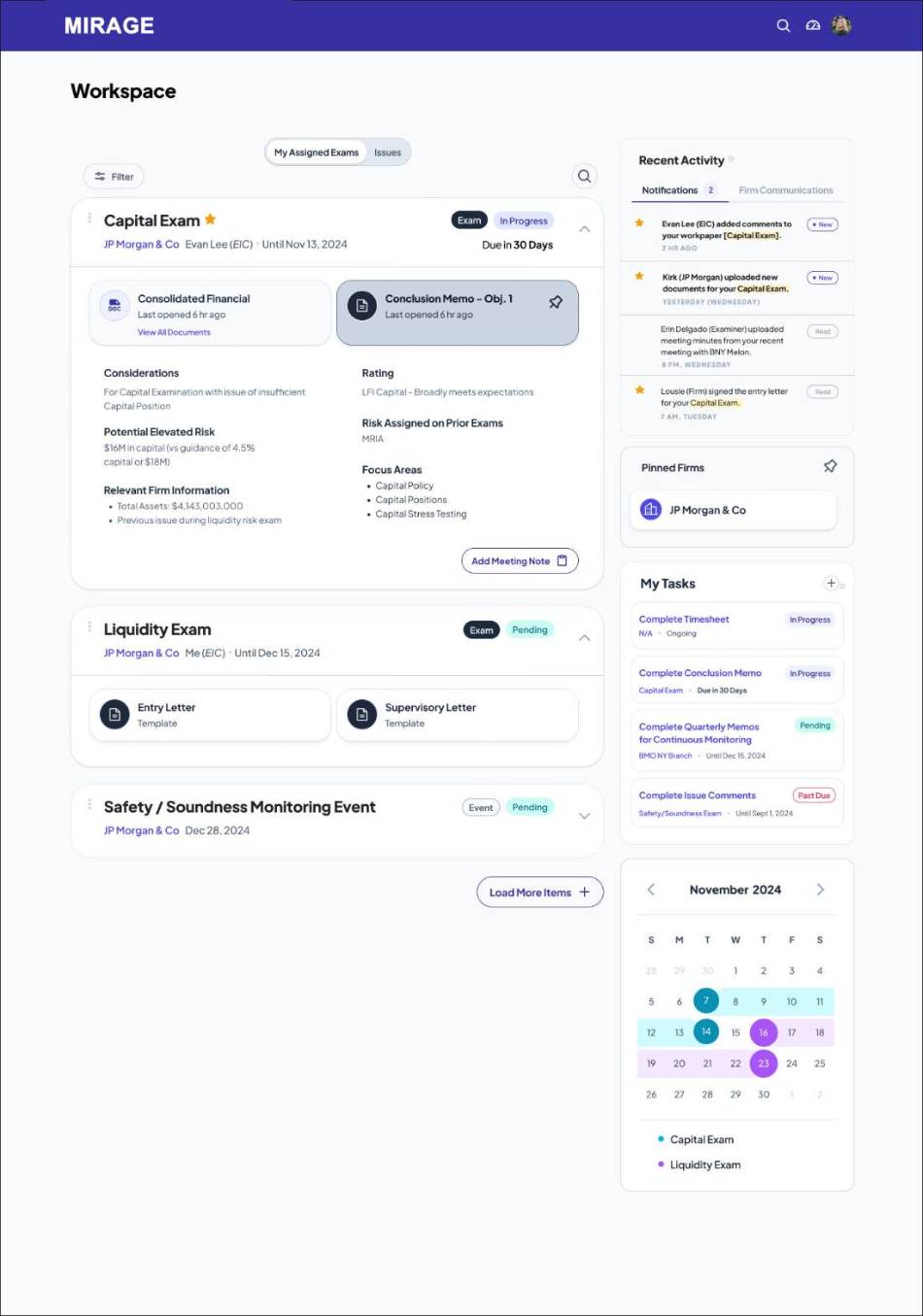 Examiner workspace dashboard — assigned exams, activity, tasks, calendar