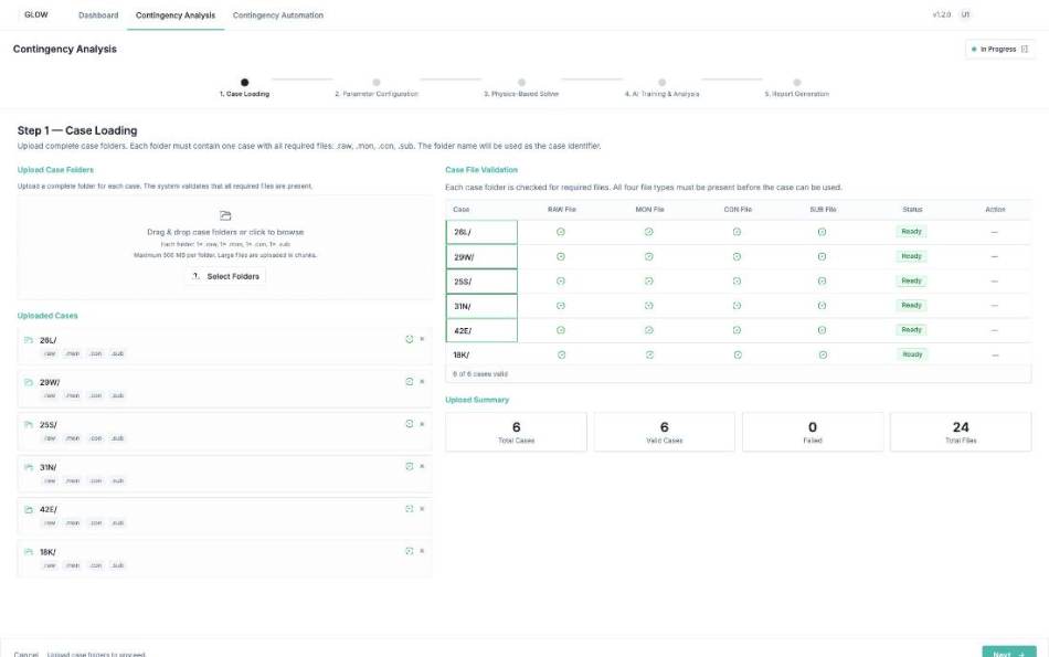 GLOW contingency analysis — case loading step, anonymized