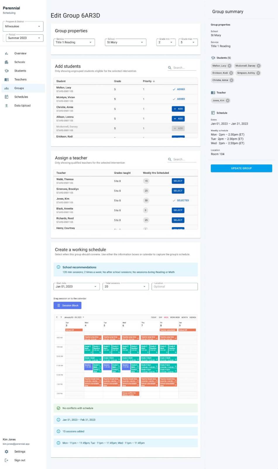 Group and scheduling workspace — service requirements, student membership, qualified staff, and scheduling