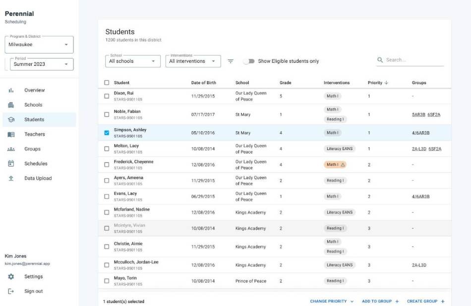 High-volume student list with eligibility, priority, filtering, and bulk actions