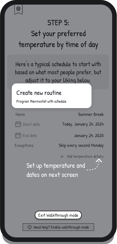 Wireframe — schedule walkthrough overlay