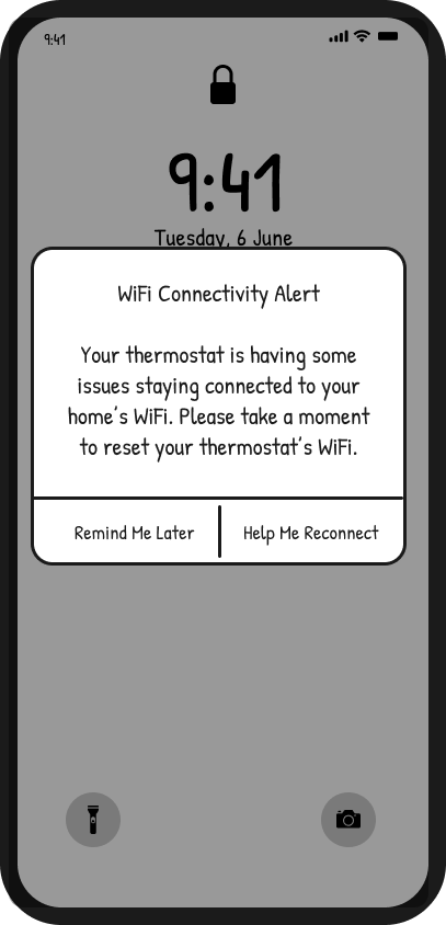 Wireframe — Wi-Fi connectivity alert with recovery options